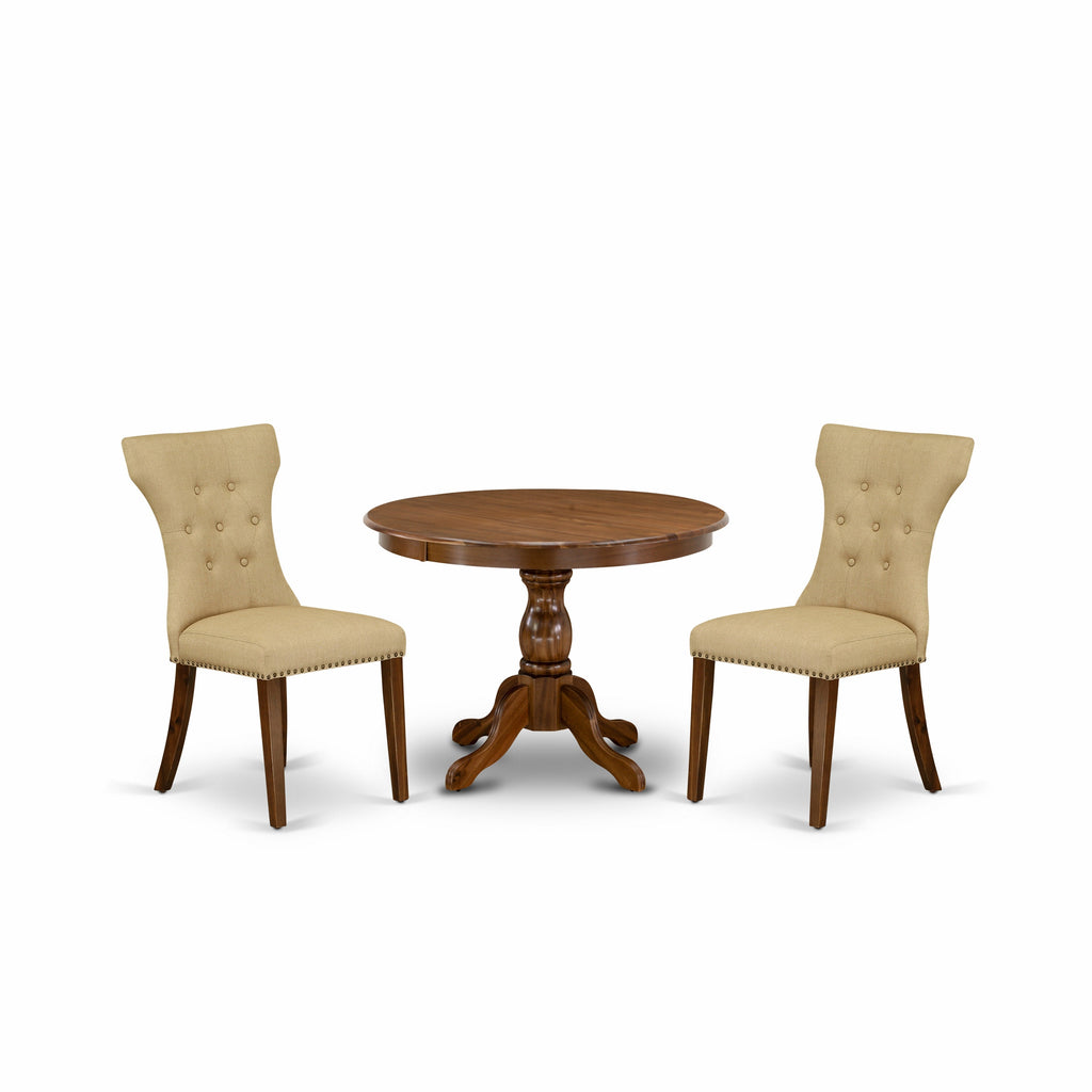 East West Furniture HBGA3-AWA-03 3 Piece Dining Table Set Contains a Round Dining Room Table with Pedestal and 2 Brown Linen Fabric Upholstered Chairs