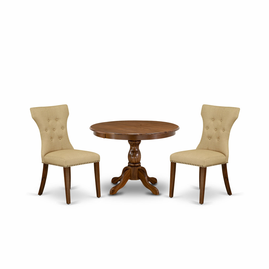East West Furniture HBGA3-AWA-03 3 Piece Dining Table Set Contains a Round Dining Room Table with Pedestal and 2 Brown Linen Fabric Upholstered Chairs, 42x42 Inch, Walnut