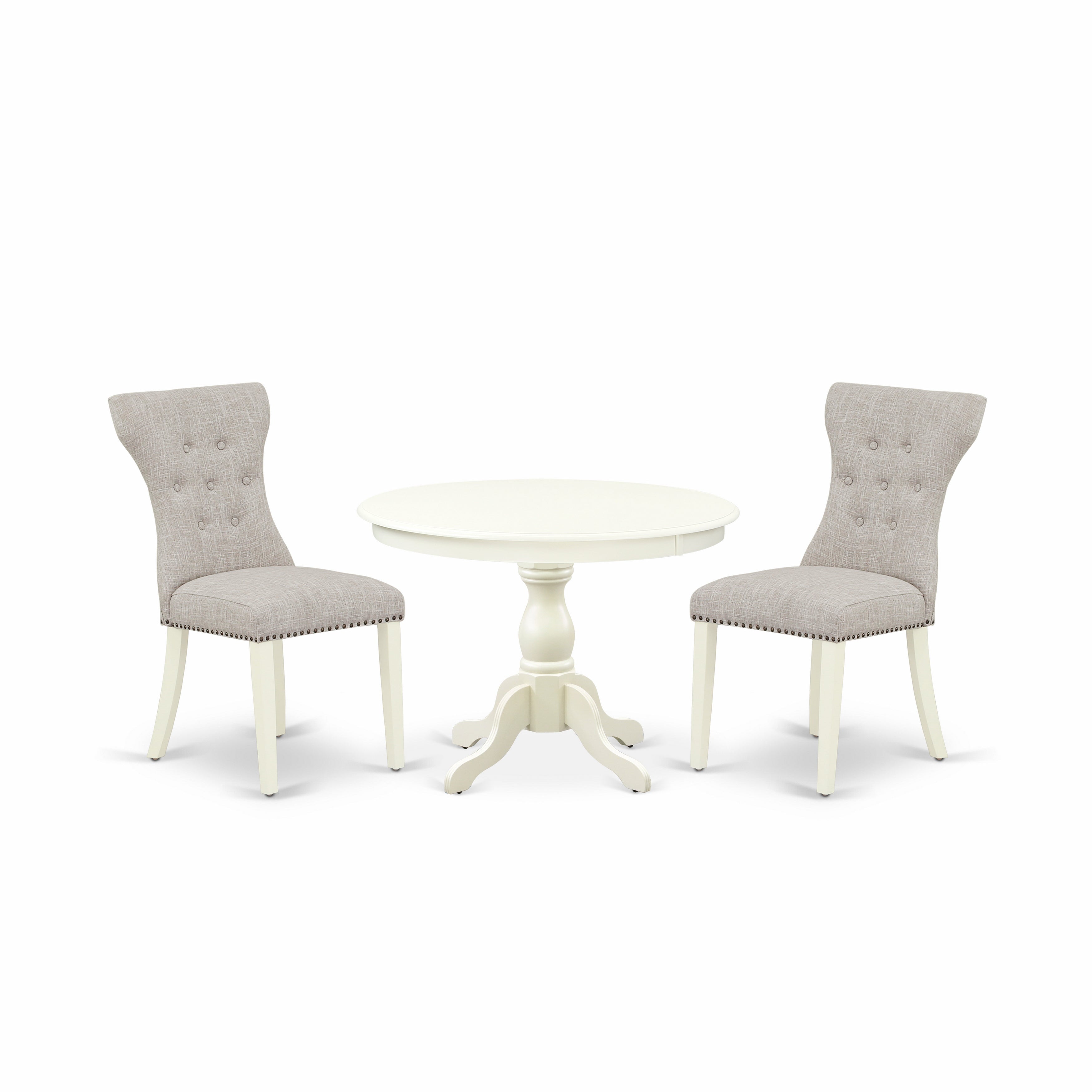 Juego de comedor de 3 piezas East West Furniture HBGA3-LWH-35. Incluye una mesa de comedor redonda con pedestal y dos sillas tapizadas en tela de lino y piel de venado.