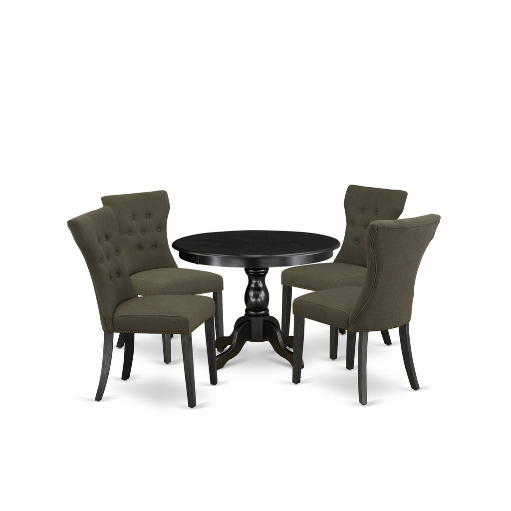 East West Furniture HBGA5-ABK-50 5 Piece Dining Room Furniture Set Includes a Round Dining Table with Pedestal and 4 Dark Gotham Linen Fabric Upholstered Chairs, 42x42 Inch, Wirebrushed Black