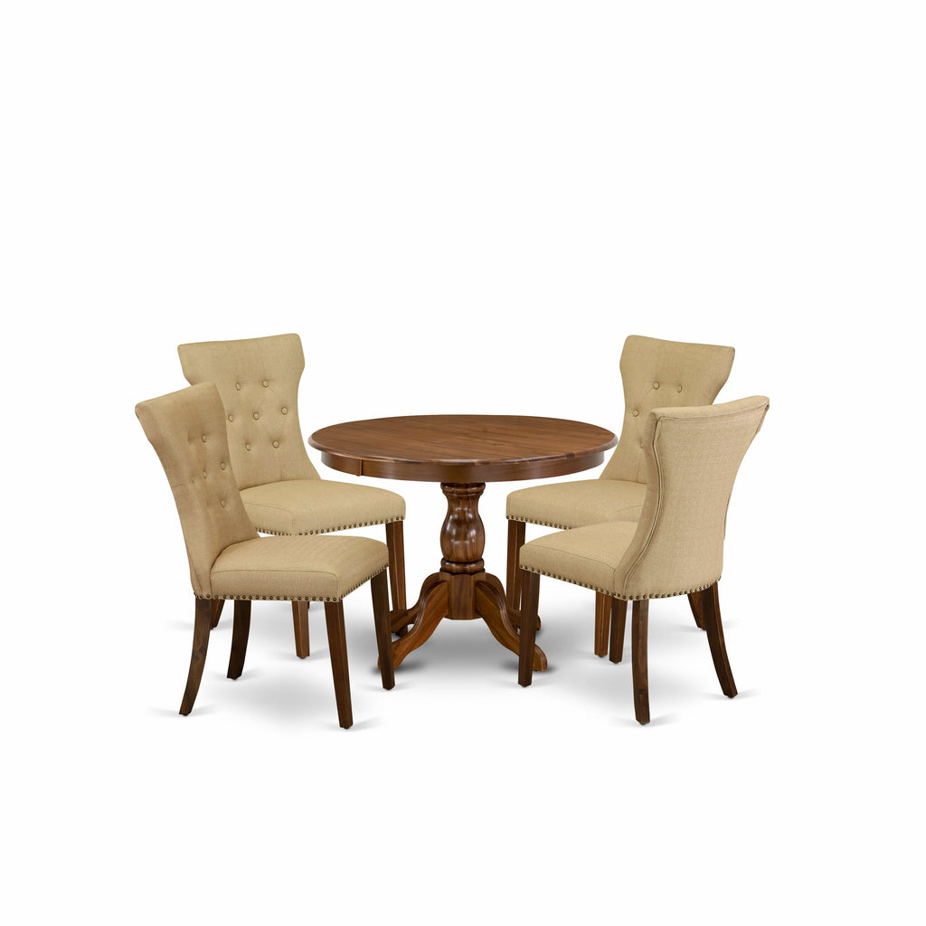 East West Furniture HBGA5-AWA-03 5 Piece Dining Table Set for 4 Includes a Round Kitchen Table with Pedestal and 4 Brown Linen Fabric Upholstered Parson Chairs