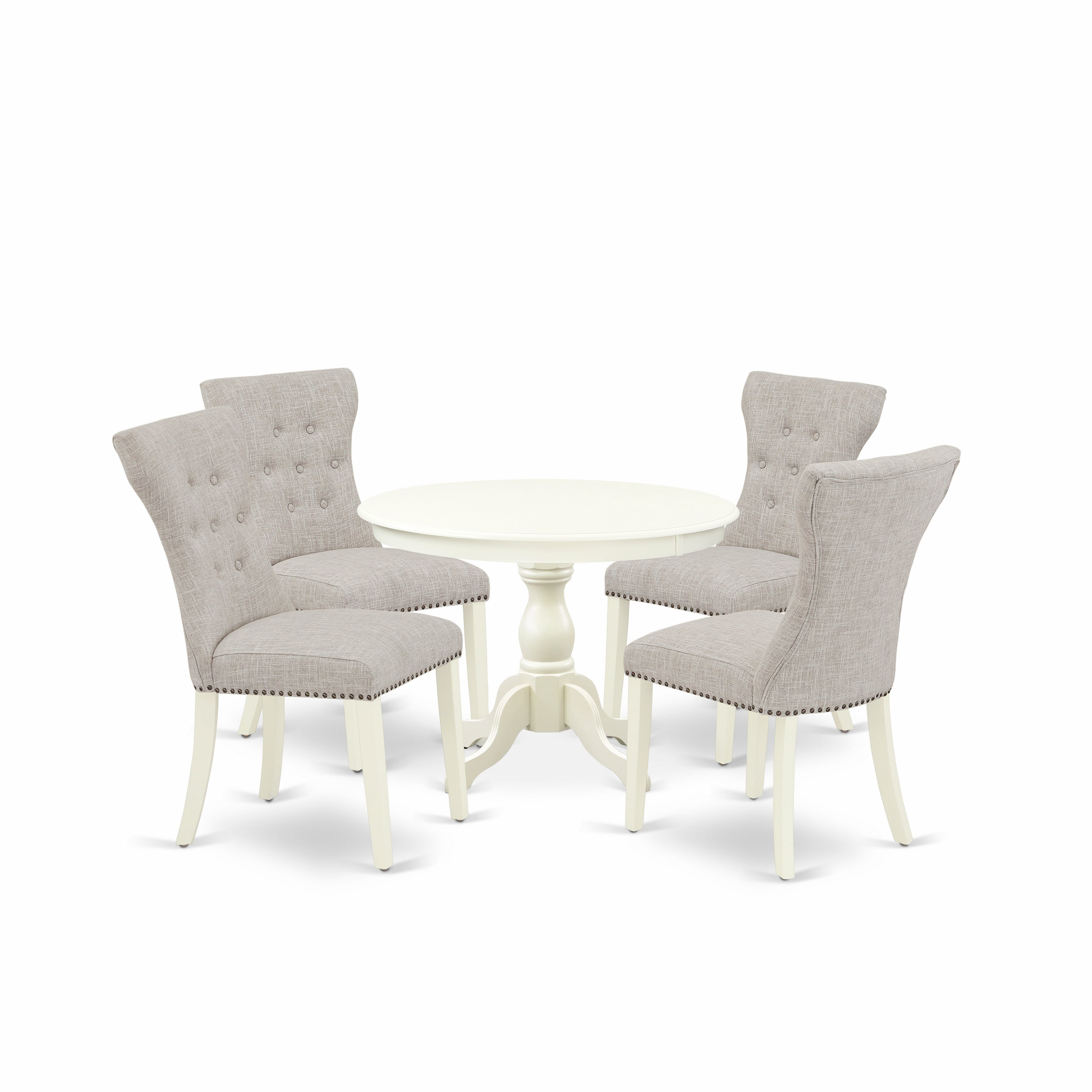 East West Furniture HBGA5-LWH-35 5 Piece Dining Table Set - linen white Round Dining Table and 4 Doeskin Linen Fabric Kitchen Chairs Button Tufted Back with Nail Heads - linen white Finish
