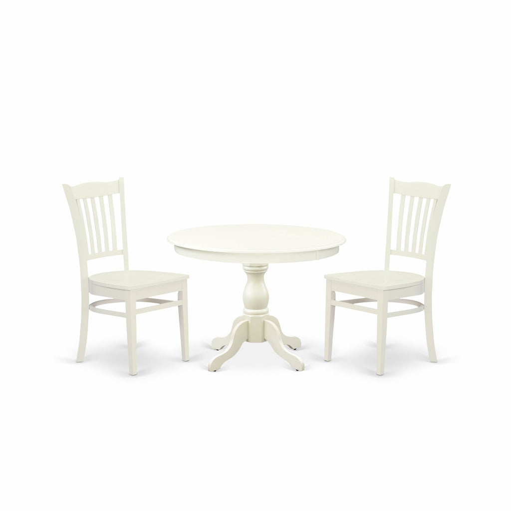 East West Furniture HBGR3-LWH-W 3 Piece Kitchen Table Set for Small Spaces Contains a Round Dining Table with Pedestal and 2 Dining Room Chairs