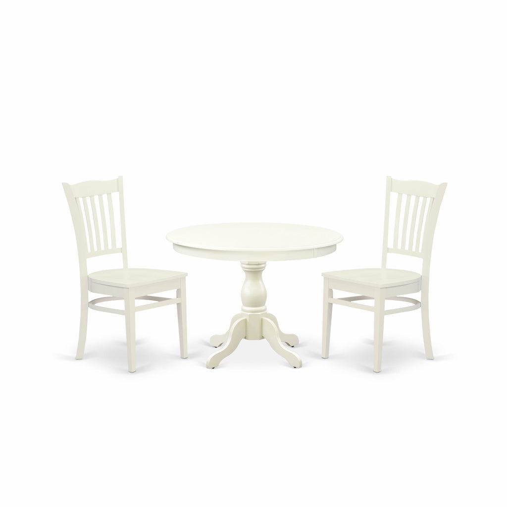 East West Furniture HBGR3-LWH-W 3 Piece Kitchen Table Set for Small Spaces Contains a Round Dining Table with Pedestal and 2 Dining Room Chairs, 42x42 Inch, Linen White