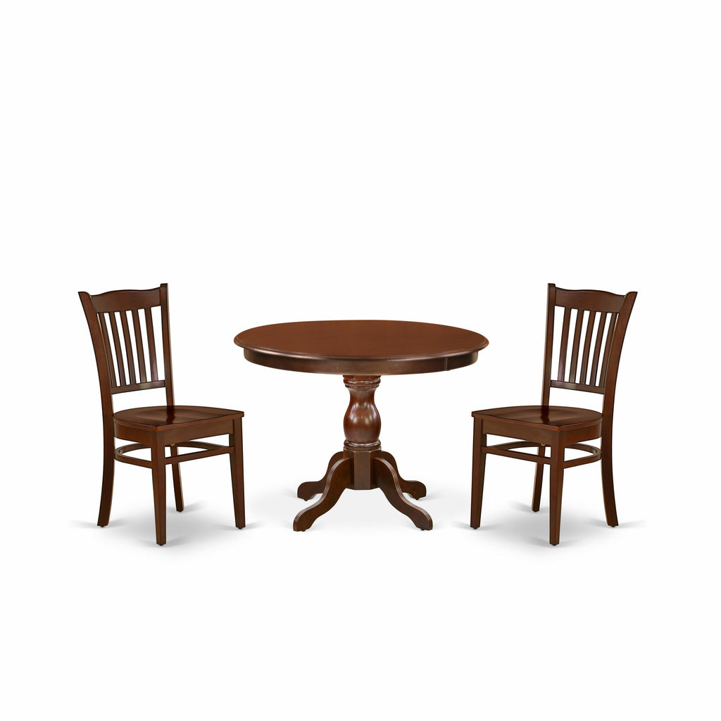 Juego de mesa de comedor de 3 piezas HBGR3-MAH-W de East West Furniture. Incluye una mesa de cocina redonda con pedestal y 2 sillas de comedor.