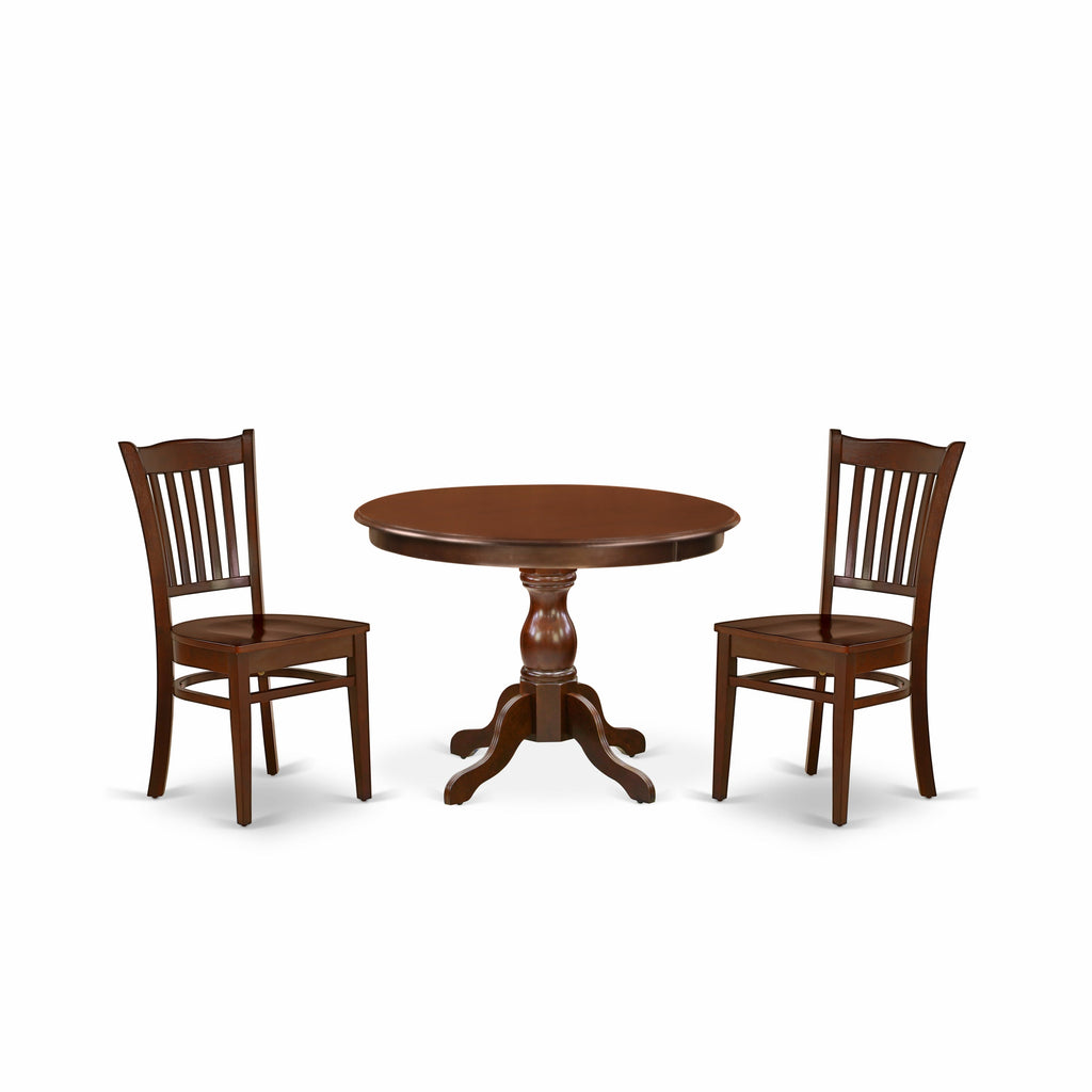 East West Furniture HBGR3-MAH-W 3 Piece Dining Room Table Set  Contains a Round Kitchen Table with Pedestal and 2 Dining Chairs, 42x42 Inch, Mahogany