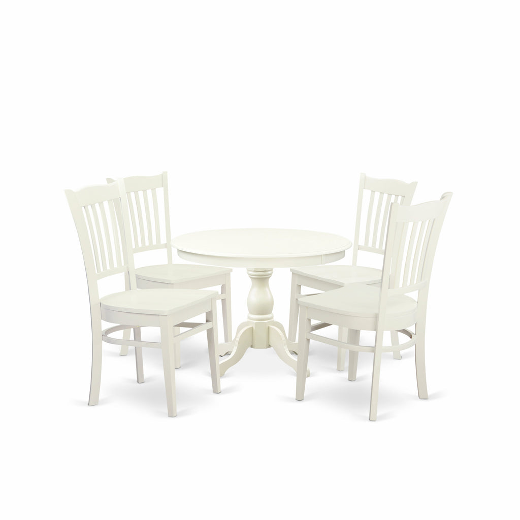 East West Furniture HBGR5-LWH-W 5 Piece Kitchen Table & Chairs Set Includes a Round Dining Room Table with Pedestal and 4 Dining Chairs, 42x42 Inch, Linen White