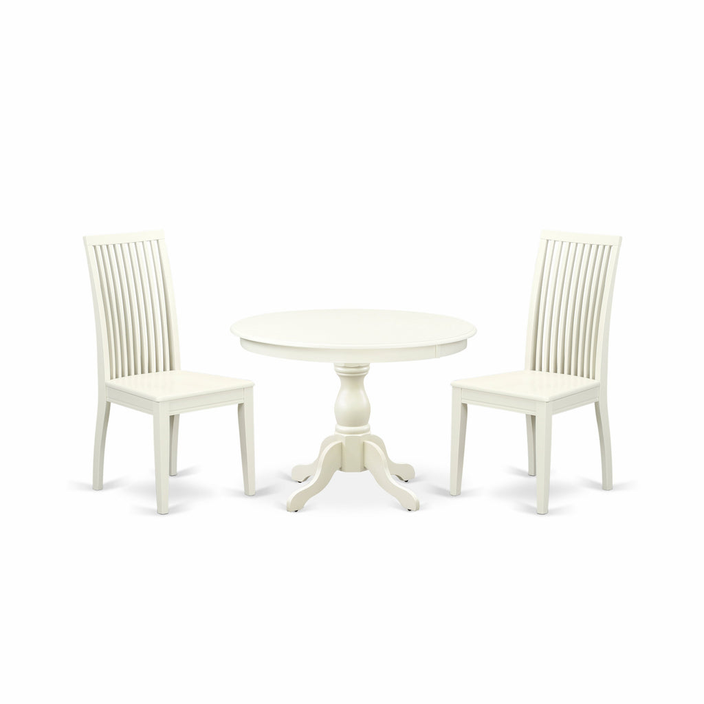 Juego de mesa de comedor moderna de 3 piezas East West Furniture HBIP3-LWH-W. Contiene una mesa redonda de madera con pedestal y 2 sillas de comedor.