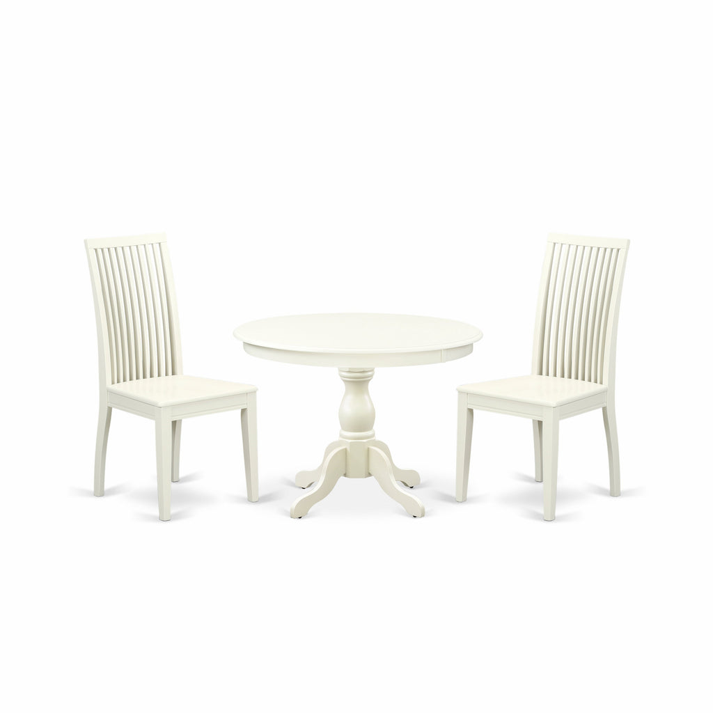 East West Furniture HBIP3-LWH-W 3 Piece Modern Dining Table Set Contains a Round Wooden Table with Pedestal and 2 Dining Chairs, 42x42 Inch, Linen White