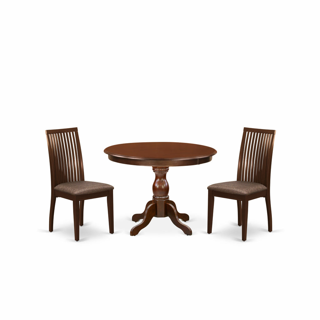 East West Furniture HBIP3-MAH-C 3 Piece Dining Room Furniture Set Contains a Round Kitchen Table with Pedestal and 2 Linen Fabric Upholstered Dining Chairs