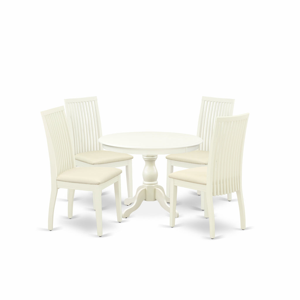 East West Furniture HBIP5-LWH-C 5 Piece Dining Set Includes a Round Dining Table with Pedestal and 4 Linen Fabric Kitchen Room Chairs
