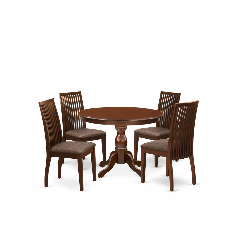 East West Furniture HBIP5-MAH-C 5 Piece Dinette Set for 4 Includes a Round Dining Room Table with Pedestal and 4 Linen Fabric Upholstered Dining Chairs