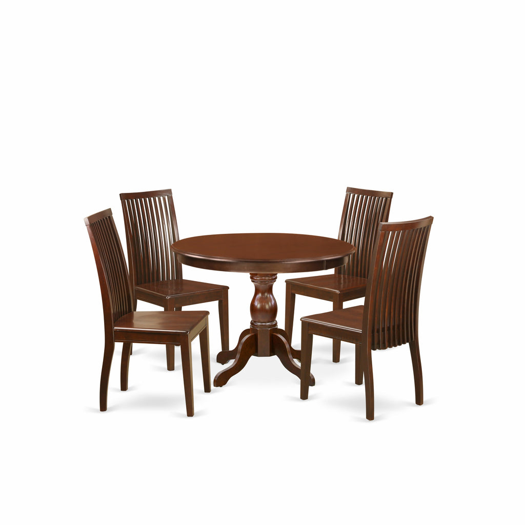 East West Furniture HBIP5-MAH-W 5 Piece Kitchen Table & Chairs Set Includes a Round Dining Room Table with Pedestal and 4 Solid Wood Seat Chairs
