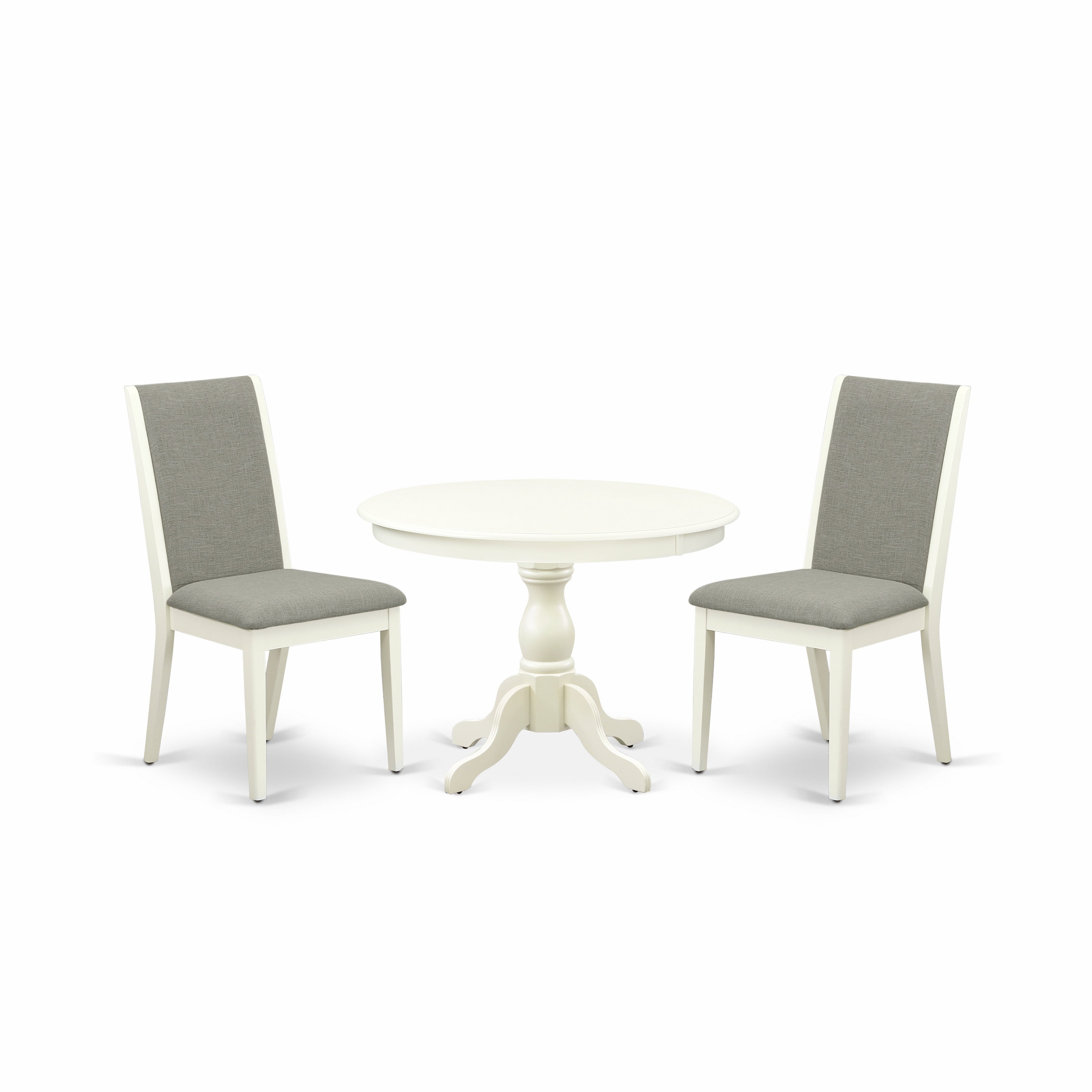 East West Furniture HBLA3-LWH-06 3 Piece Dining Room Set - linen white Round Dining Table and 2 Shitake Linen Fabric Modern Chairs with High Back - linen white Finish