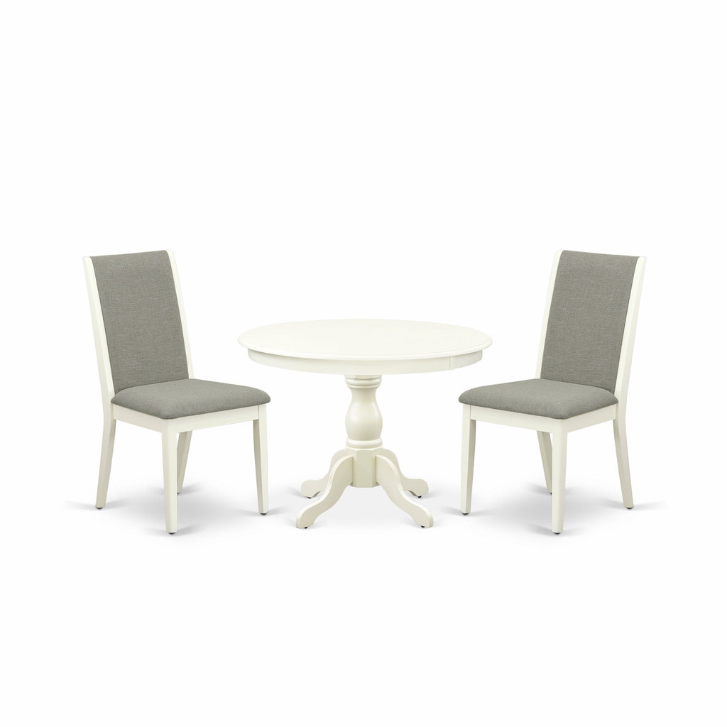 East West Furniture HBLA3-LWH-06 3 Piece Dining Set Contains a Round Dining Room Table with Pedestal and 2 Shitake Linen Fabric Upholstered Parson Chairs, 42x42 Inch, Linen White