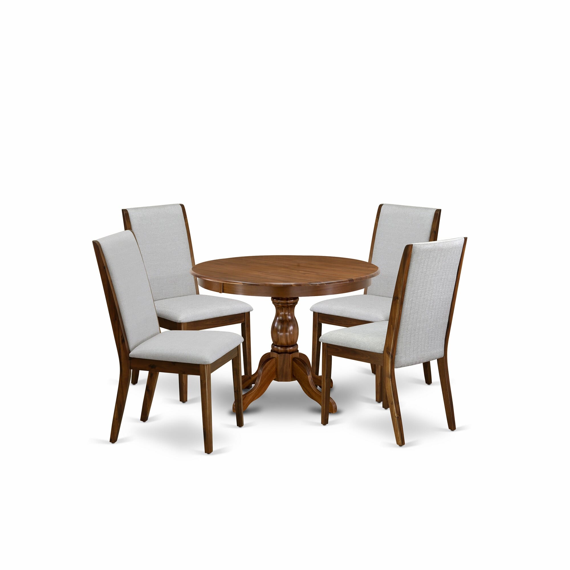 Juego de mesa de comedor de 5 piezas East West Furniture HBLA5-AWA-05 para 4 personas. Incluye una mesa de cocina redonda con pedestal y 4 sillas Parson tapizadas en tela de lino gris.