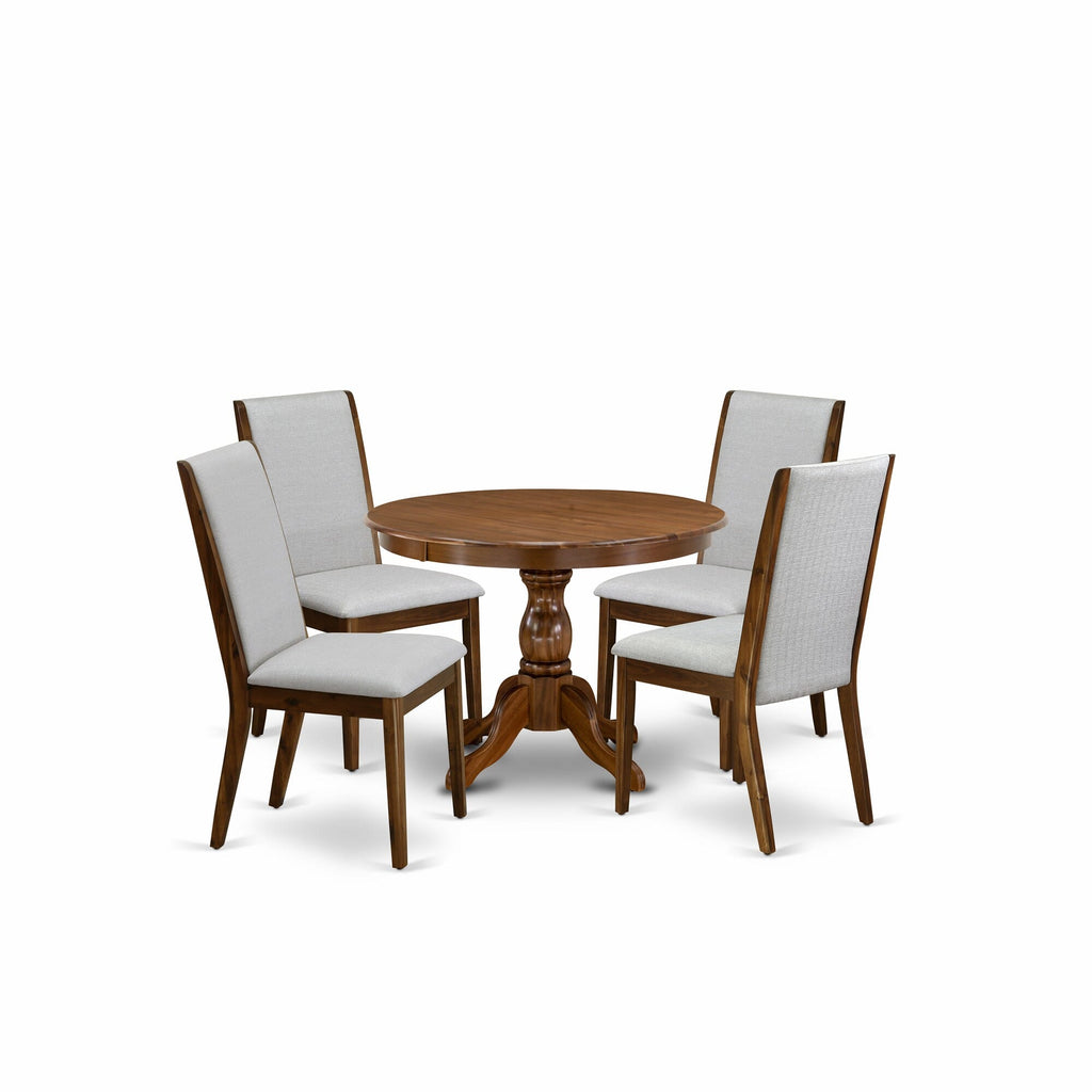 Juego de mesa de comedor de 5 piezas East West Furniture HBLA5-AWA-05 para 4 personas. Incluye una mesa de cocina redonda con pedestal y 4 sillas Parson tapizadas en tela de lino gris.