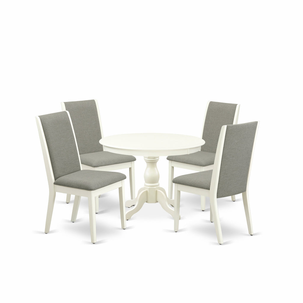 East West Furniture HBLA5-LWH-06 5 Piece Dining Room Table Set Includes a Round Kitchen Table with Pedestal and 4 Shitake Linen Fabric Parsons Dining Chairs, 42x42 Inch, Linen White