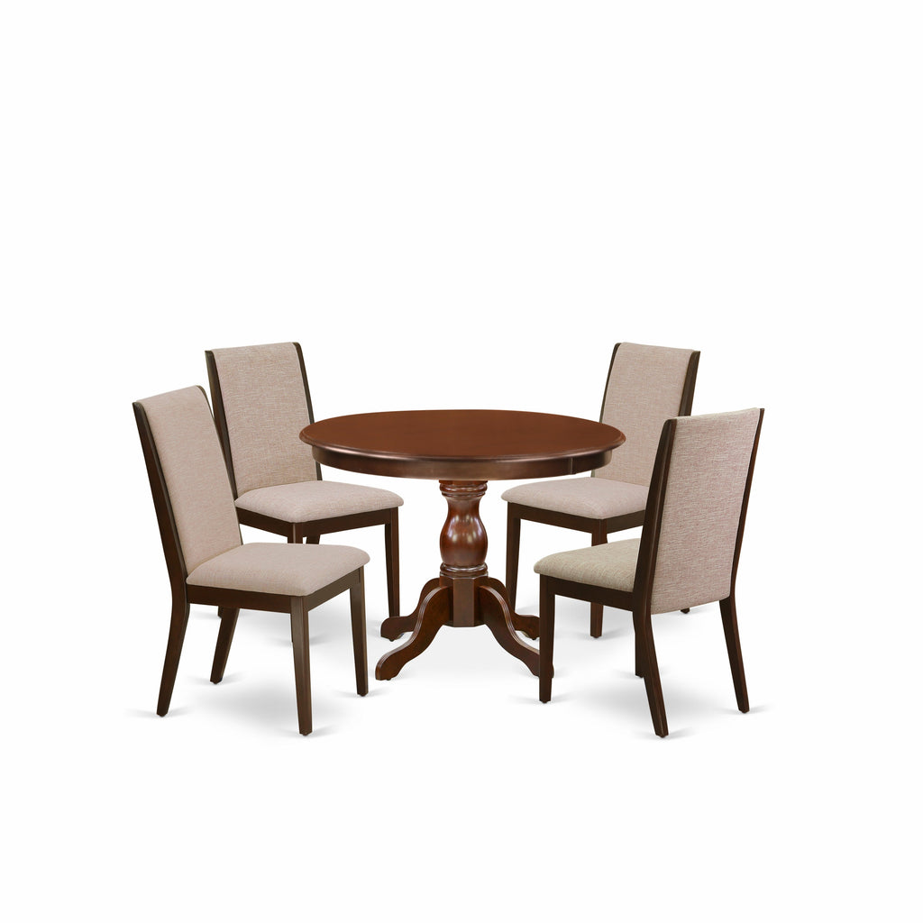 East West Furniture HBLA5-MAH-04 5 Piece Dinette Set for 4 Includes a Round Dining Room Table with Pedestal and 4 Light Tan Linen Fabric Parsons Dining Chairs