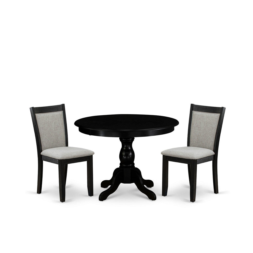 Juego de mesa de cocina de 3 piezas East West Furniture HBMZ3-AB6-06. Incluye una mesa de comedor redonda con pedestal y dos sillas tapizadas en tela de lino Shitake.
