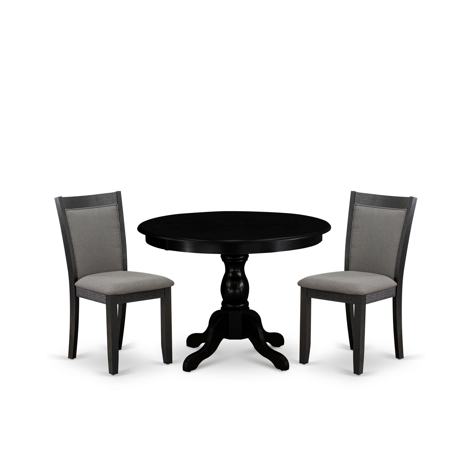 East West Furniture HBMZ3-AB6-50 3-Piece Dining Table Set Contains a Dinner Table with Drop Leaves and 2 Dark Gotham Grey Linen Fabric Parsons Chairs - Wire Brushed Black Finish
