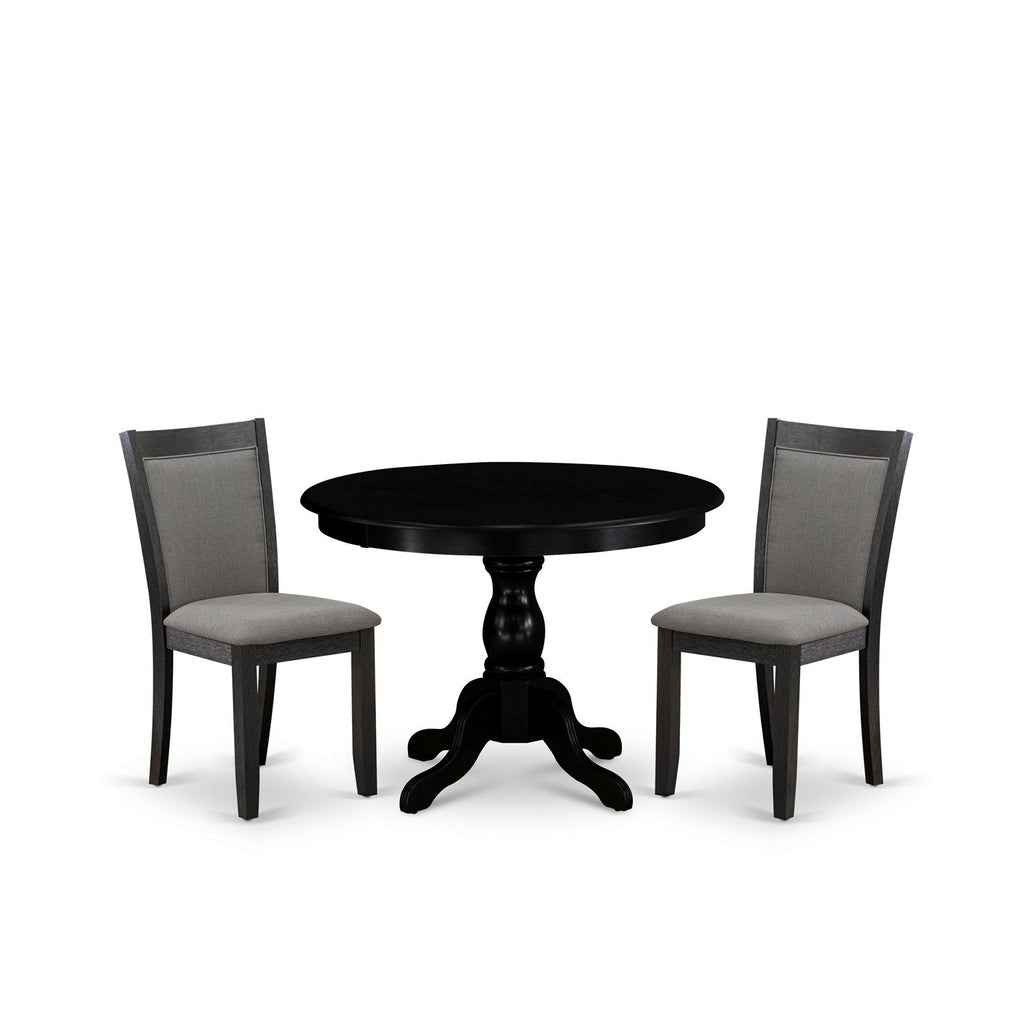 Juego de comedor pequeño de 3 piezas East West Furniture HBMZ3-AB6-50 que incluye una mesa de comedor redonda con pedestal y dos sillas tapizadas en tela de lino gris Gotham oscuro.