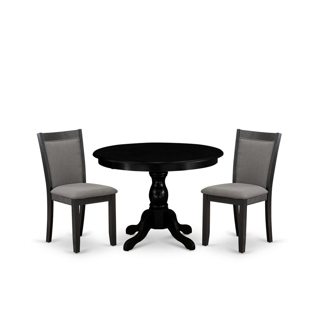 East West Furniture HBMZ3-AB6-50 3 Piece Small Dinette Set Contains a Round Dining Table with Pedestal and 2 Dark Gotham Grey Linen Fabric Upholstered Chairs, 42x42 Inch, Wirebrushed Black