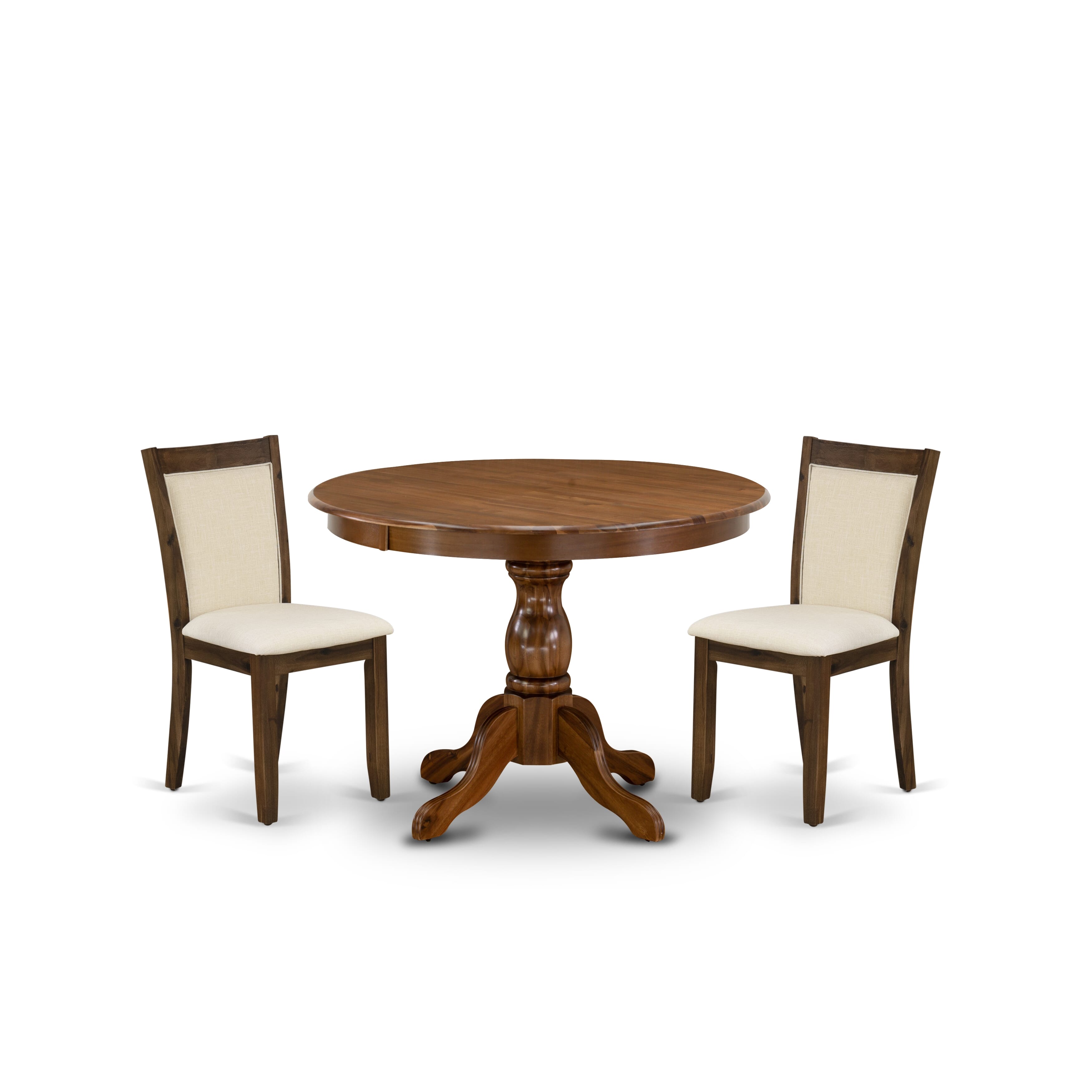 East West Furniture HBMZ3-AWA-32 3 Piece Dinette Set for Small SpacesIncludes a Round Kitchen Dining Table and 2 Upholstered Parson Chairs, 42x42 Inch, Antique Walnut