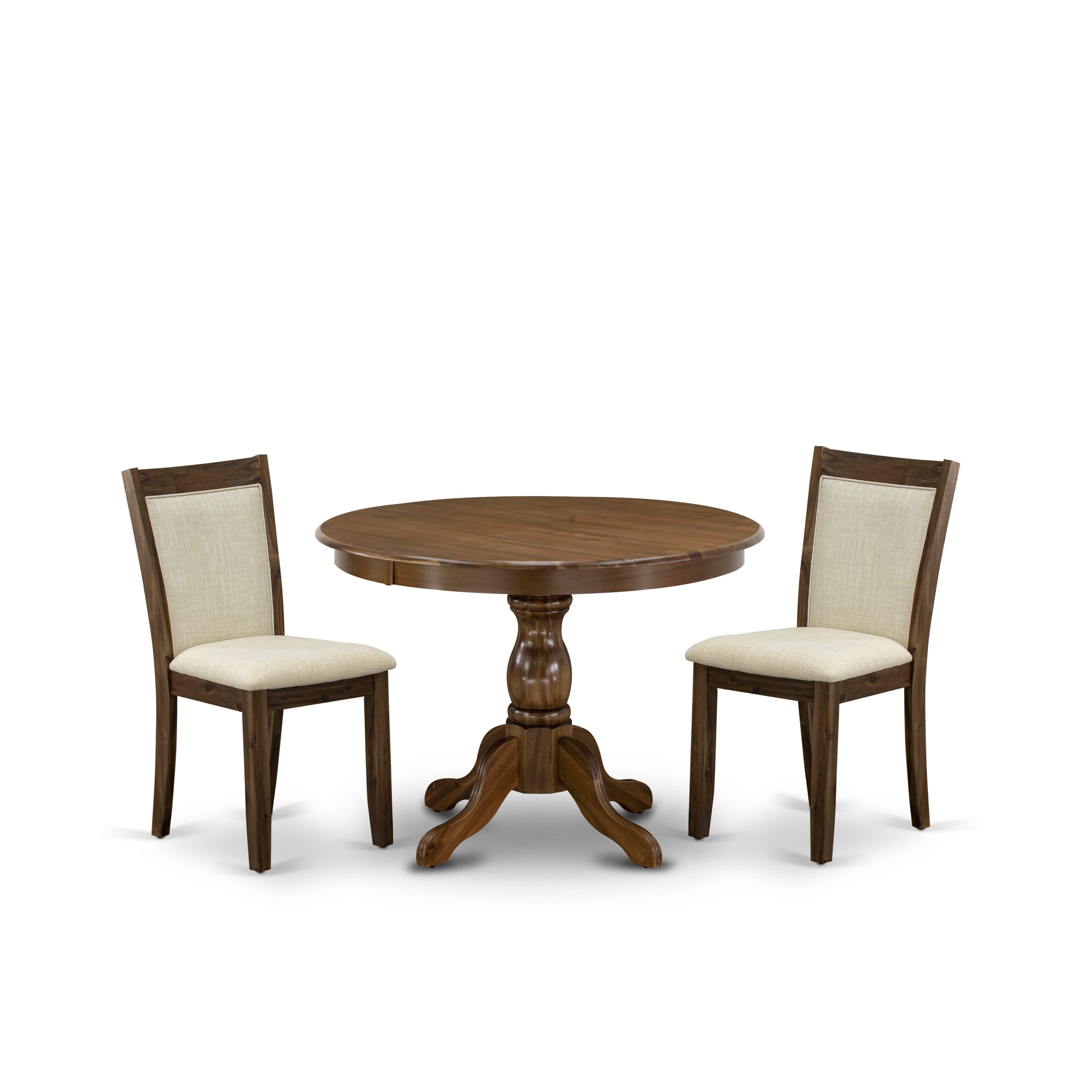 East West Furniture HBMZ3-AWN-02 3-Pc Kitchen Room Table Set Contains a Dinner Table and 2 Light Baige Linen Fabric Dining Chairs - Sand Blasting Antique Walnut Finish