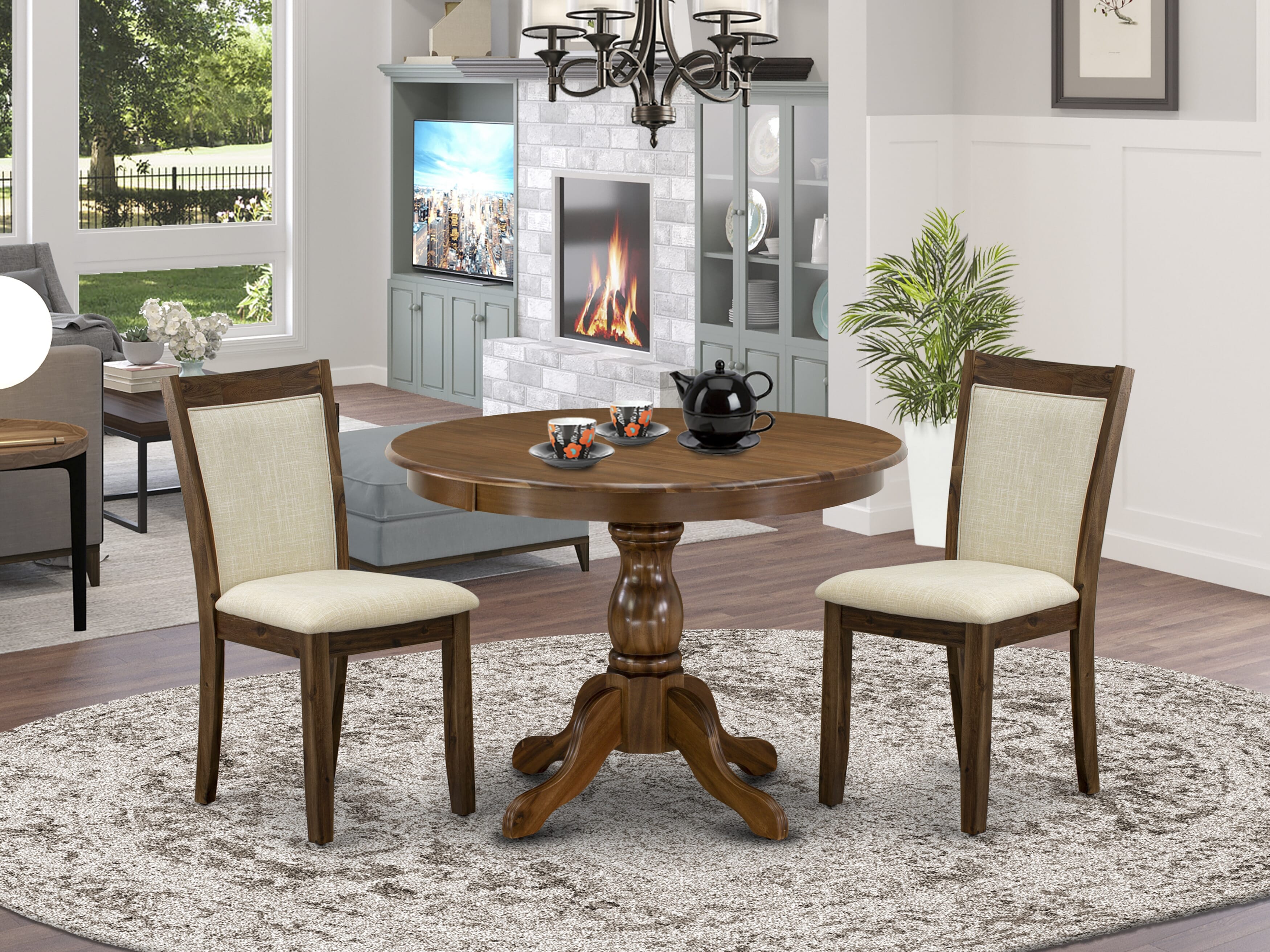 East West Furniture HBMZ3-AWN-02 3-Pc Kitchen Room Table Set Contains a Dinner Table and 2 Light Baige Linen Fabric Dining Chairs - Sand Blasting Antique Walnut Finish