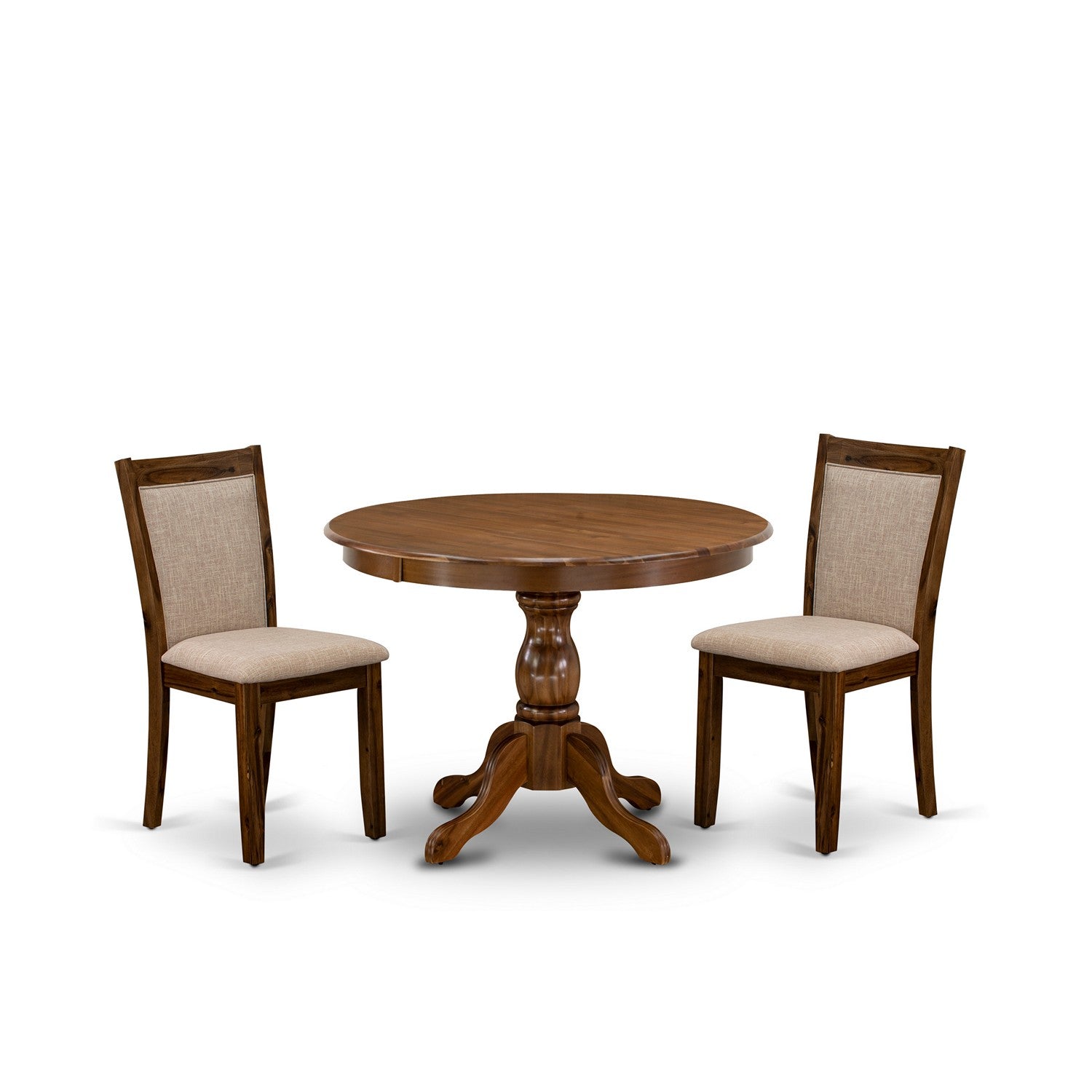 East West Furniture HBMZ3-AWN-04 3-Pc Dining Room Table Set Contains a Pedestal Table and 2 Light Tan Linen Fabric Kitchen Chairs - Sand Blasting Antique Walnut Finish