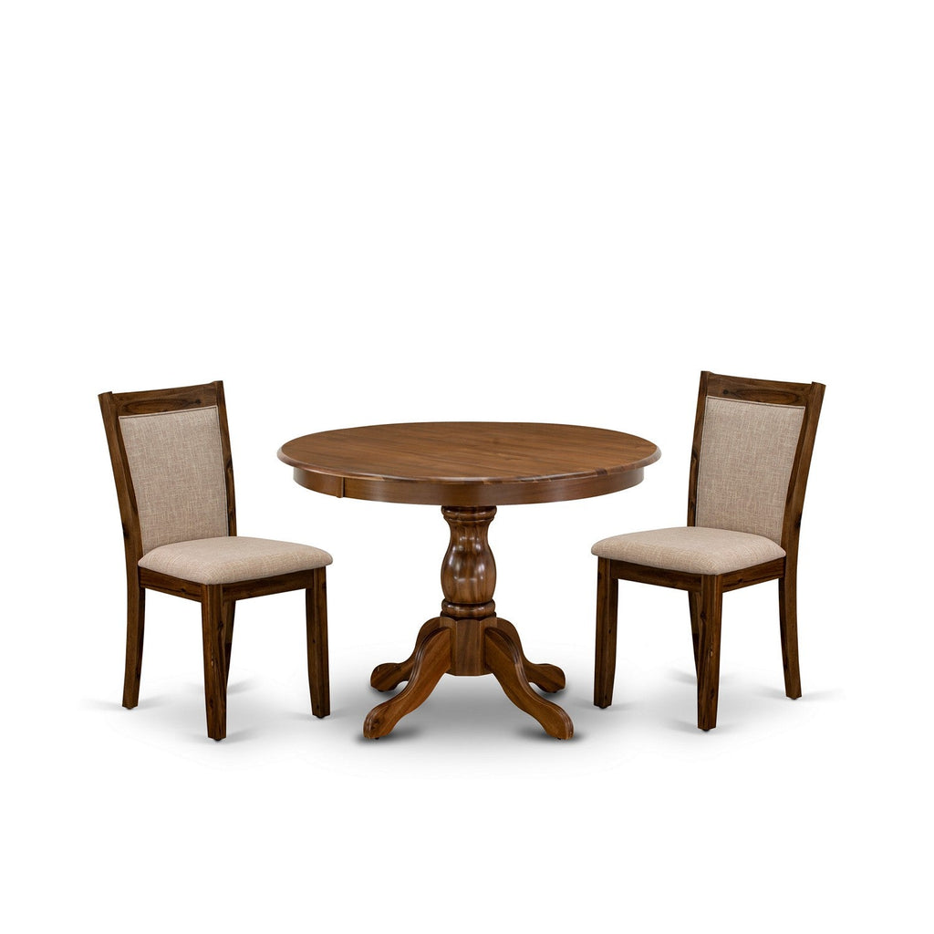 El juego de mesa de comedor de 3 piezas East West Furniture HBMZ3-AWN-04 incluye una mesa de comedor redonda con pedestal y dos sillas tapizadas en tela de lino color tostado claro.