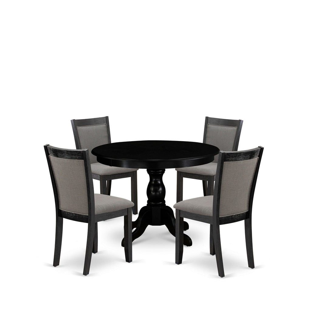East West Furniture HBMZ5-AB6-50 5 Piece Dinette Set Includes a Round Dining Table with Pedestal and 4 Dark Gotham Grey Linen Fabric Parson Dining Room Chairs, 42x42 Inch, Wirebrushed Black