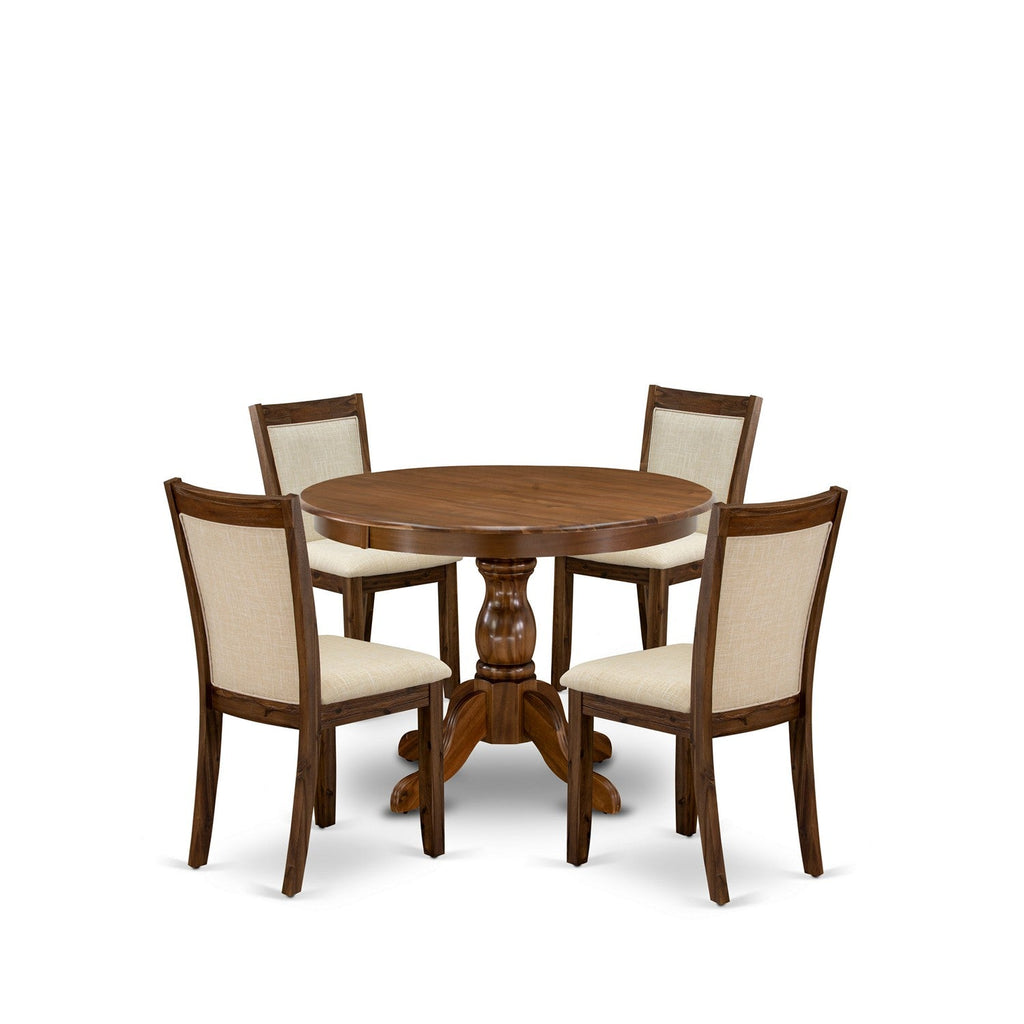 East West Furniture HBMZ5-AWN-02 5 Piece Dining Set Includes a Round Dining Room Table with Pedestal and 4 Linen Fabric Parsons Kitchen Chairs