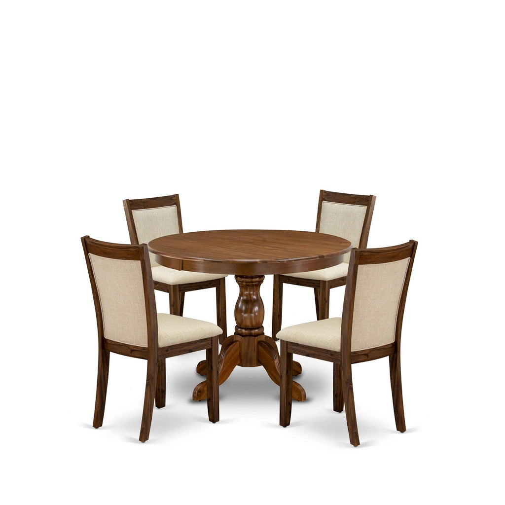 East West Furniture HBMZ5-AWN-02 5 Piece Dining Set Includes a Round Dining Room Table with Pedestal and 4 Linen Fabric Parsons Kitchen Chairs, 42x42 Inch, Antique Walnut