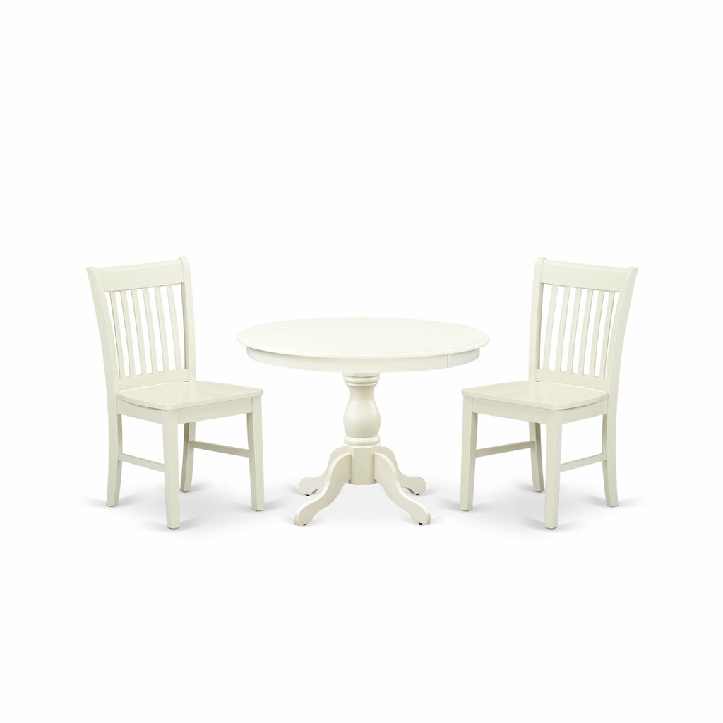 East West Furniture HBNF3-LWH-W 3 Piece Dining Room Furniture Set Contains a Round Kitchen Table with Pedestal and 2 Dining Chairs, 42x42 Inch, Linen White