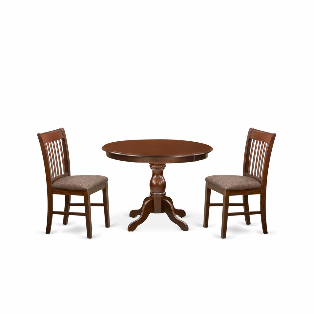 East West Furniture HBNF3-MAH-C 3 Piece Dining Room Table Set  Contains a Round Kitchen Table with Pedestal and 2 Linen Fabric Upholstered Dining Chairs, 42x42 Inch, Mahogany