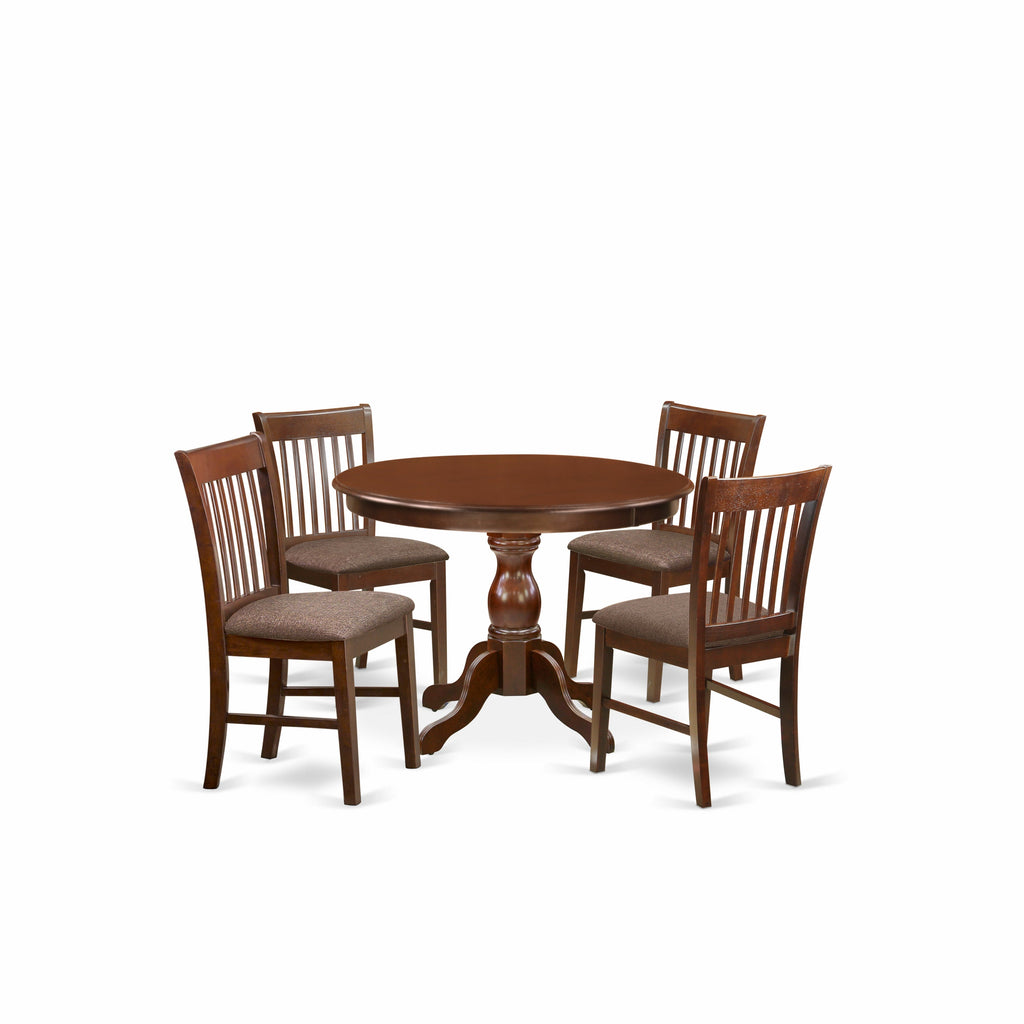 East West Furniture HBNF5-MAH-C 5 Piece Dining Table Set for 4 Includes a Round Kitchen Table with Pedestal and 4 Linen Fabric Dining Room Chairs, 42x42 Inch, Mahogany