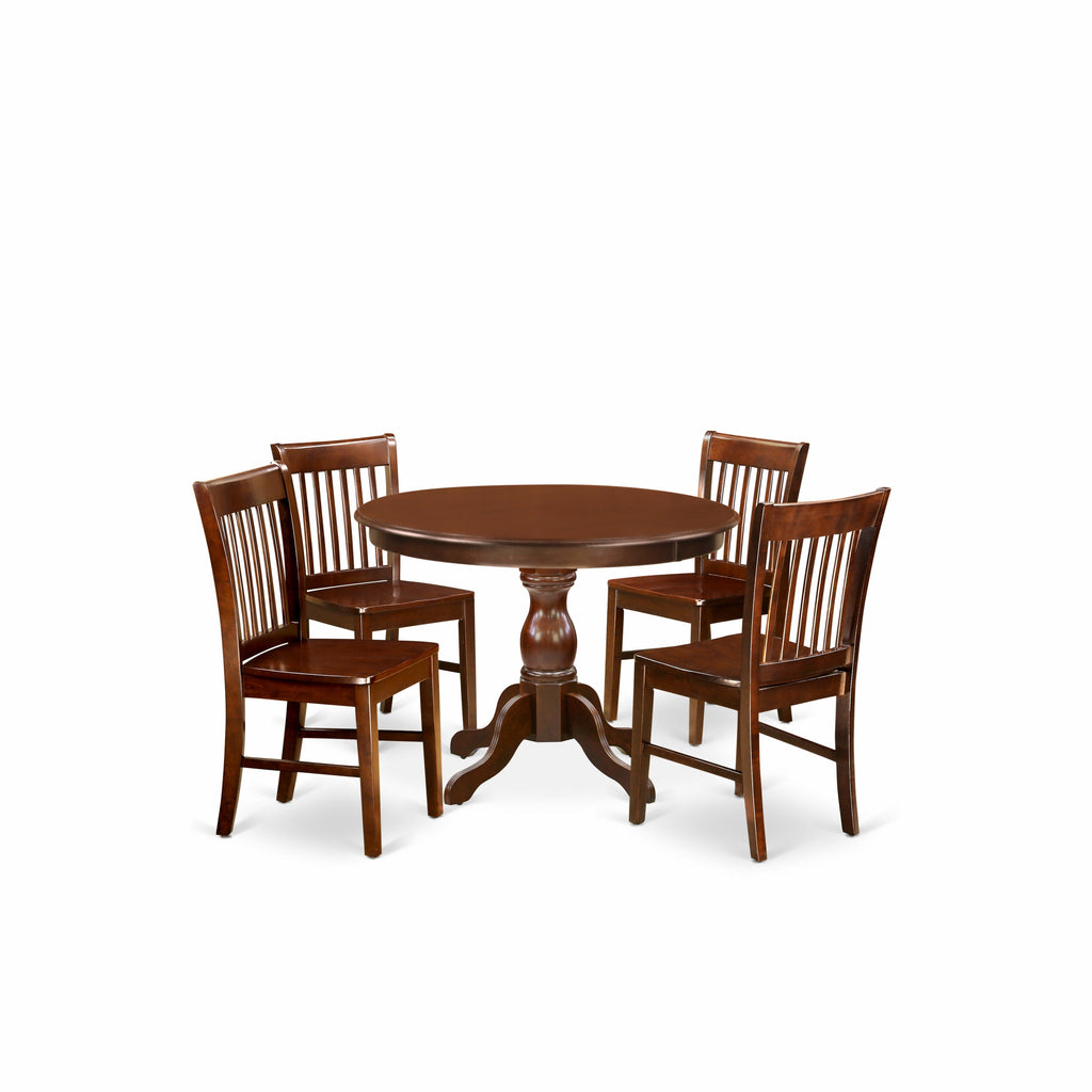 Juego de mesa de cocina de 5 piezas East West Furniture HBNF5-MAH-W para 4 personas. Incluye una mesa de comedor redonda con pedestal y 4 sillas de madera maciza.