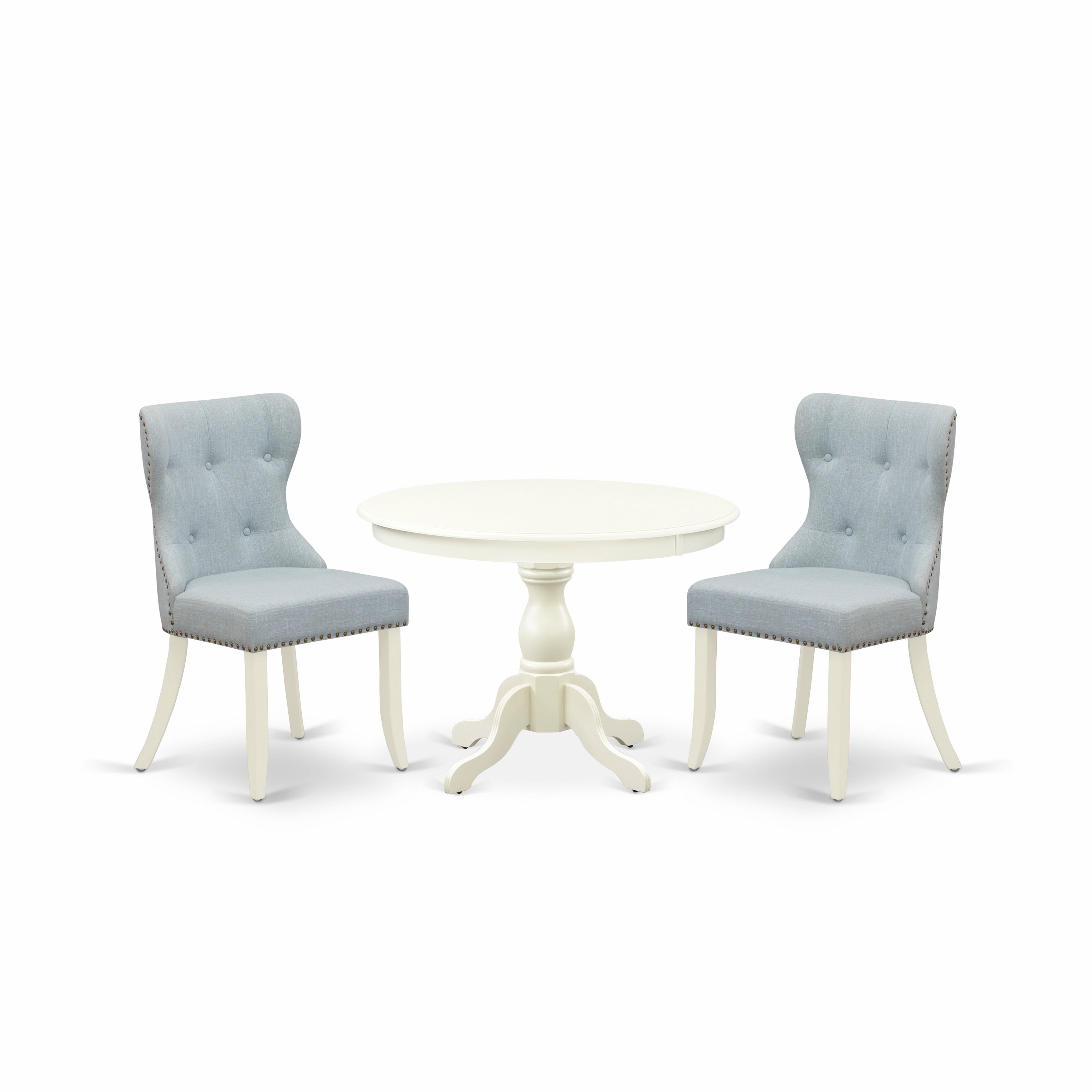 East West Furniture HBSI3-LWH-15 3 Piece Table Set - linen white Small Kitchen Table and 2 Baby Blue Linen Fabric Dining Chairs Button Tufted Back with Nail Heads - linen white Finish