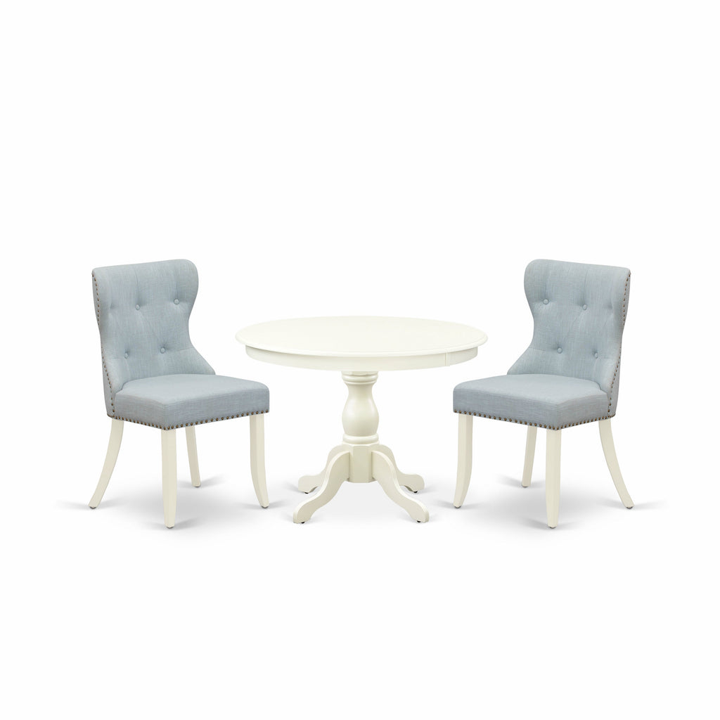 East West Furniture HBSI3-LWH-15 3 Piece Kitchen Table Set Contains a Round Dining Room Table with Pedestal and 2 Baby Blue Linen Fabric Upholstered Chairs, 42x42 Inch, Linen White