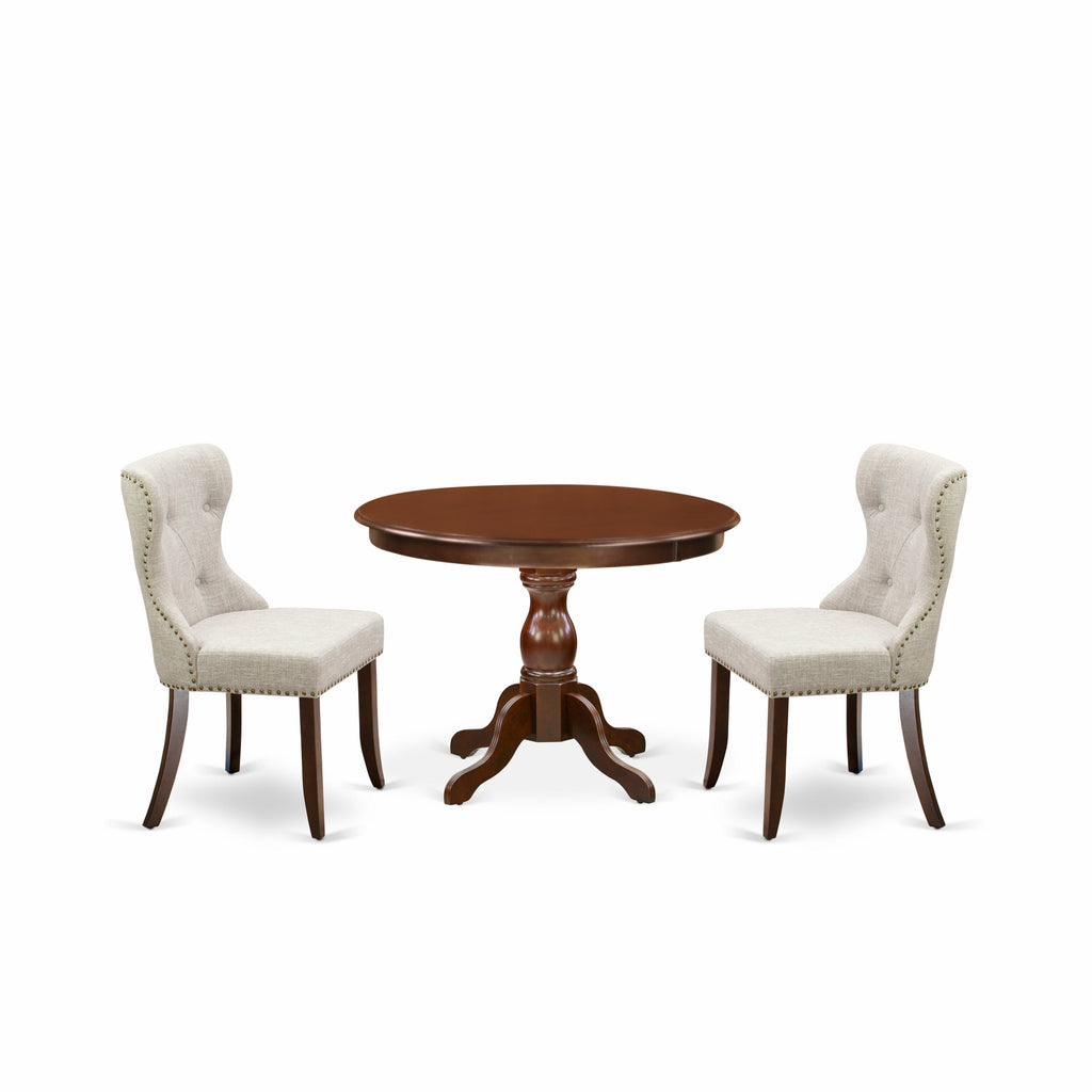 East West Furniture HBSI3-MAH-35 3 Piece Dining Set Contains a Round Dining Room Table with Pedestal and 2 Doeskin Linen Fabric Upholstered Parson Chairs
