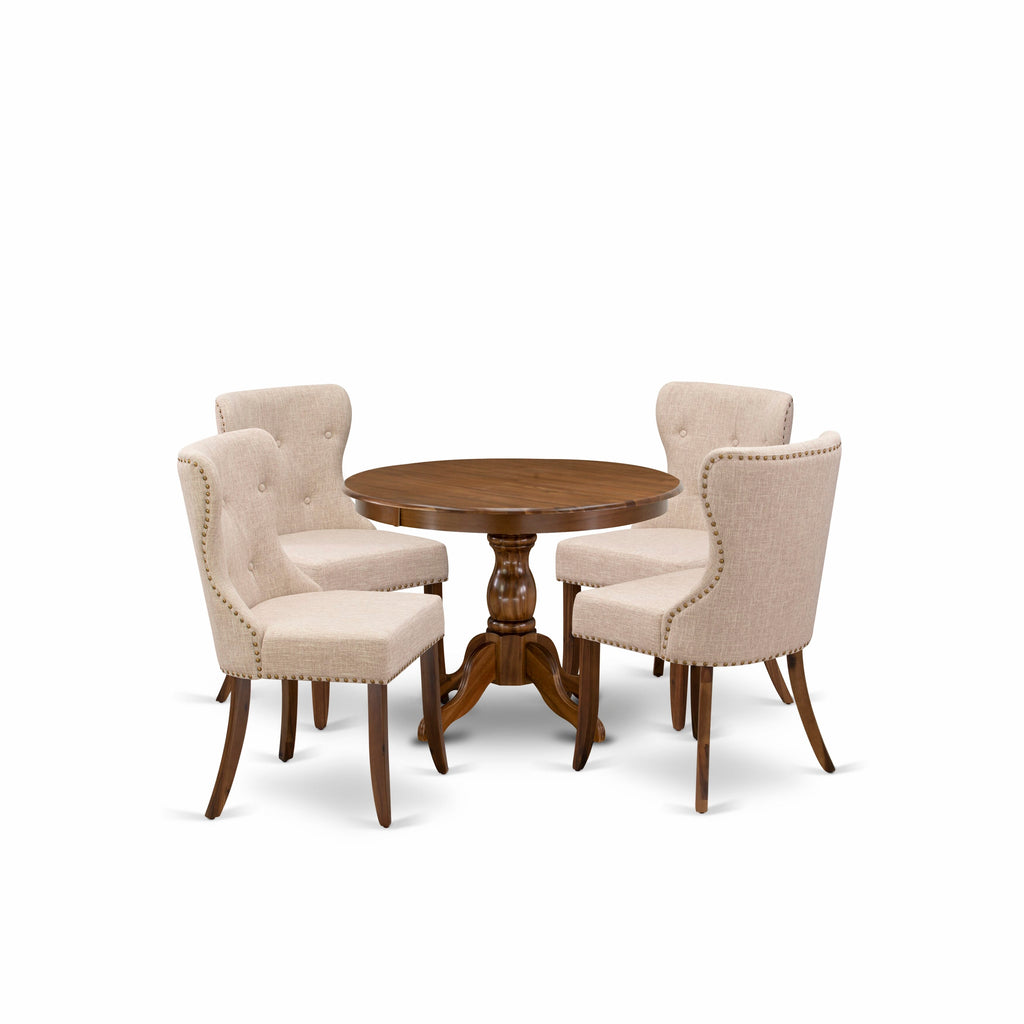 East West Furniture HBSI5-AWA-04 5Pc Dining Room Set - 42" Round Table and 4 Parson Dining Chairs - Antique Walnut Color