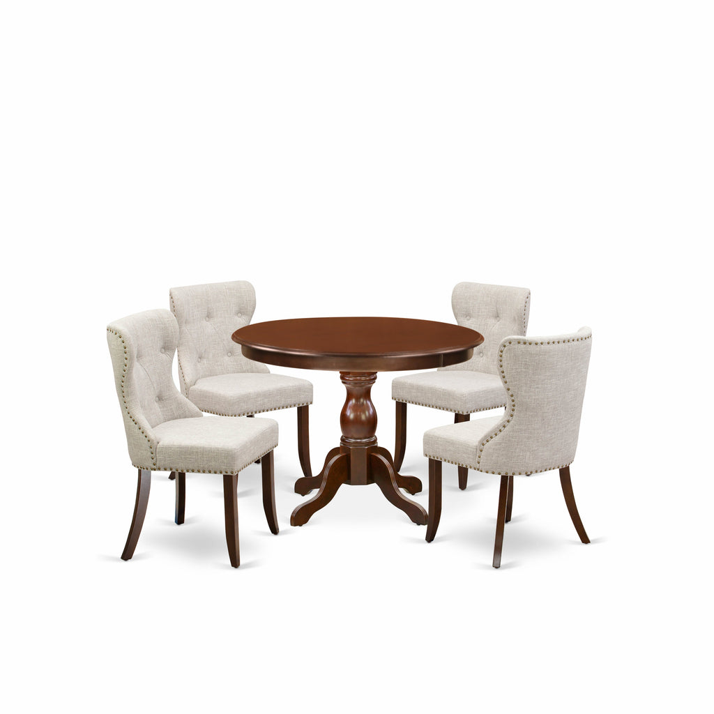 East West Furniture HBSI5-MAH-35 5 Piece Dining Room Table Set Includes a Round Kitchen Table with Pedestal and 4 Doeskin Linen Fabric Parsons Dining Chairs, 42x42 Inch, Mahogany