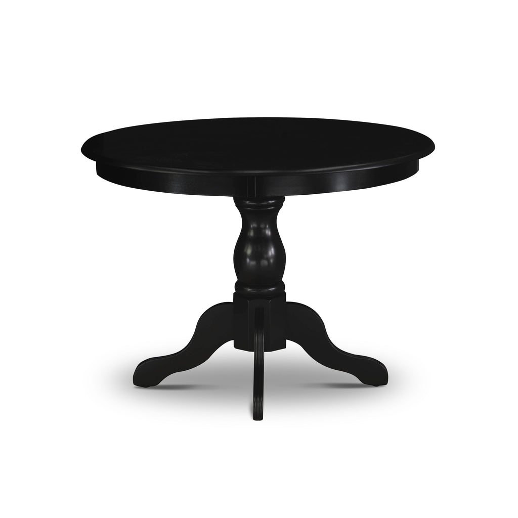 Juego de comedor de 5 piezas East West Furniture HBAB5-ABK-24 para 4 personas. Incluye una mesa de comedor redonda con pedestal y 4 sillas de comedor Parson de tela de lino de color negro.