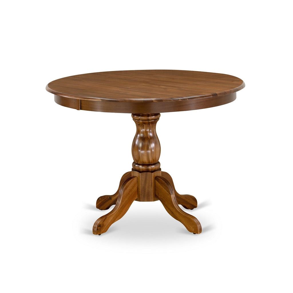 Juego de comedor de 3 piezas East West Furniture HBLA3-AWA-05. Incluye una mesa de comedor redonda con pedestal y dos sillas tapizadas en tela de lino gris.