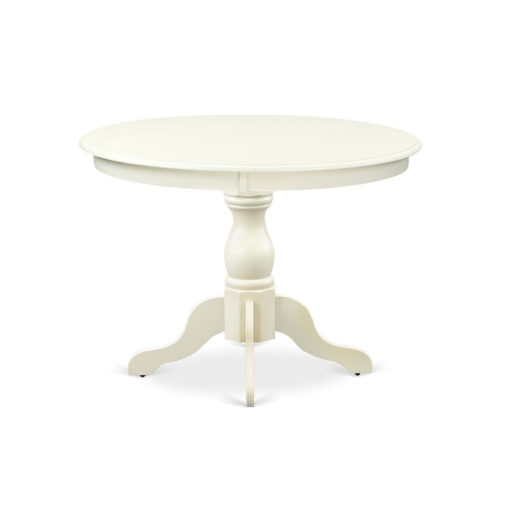 Juego de comedor de 3 piezas HBLA3-LWH-06 de East West Furniture. Contiene una mesa de comedor redonda con pedestal y dos sillas Parson tapizadas en tela de lino Shitake.