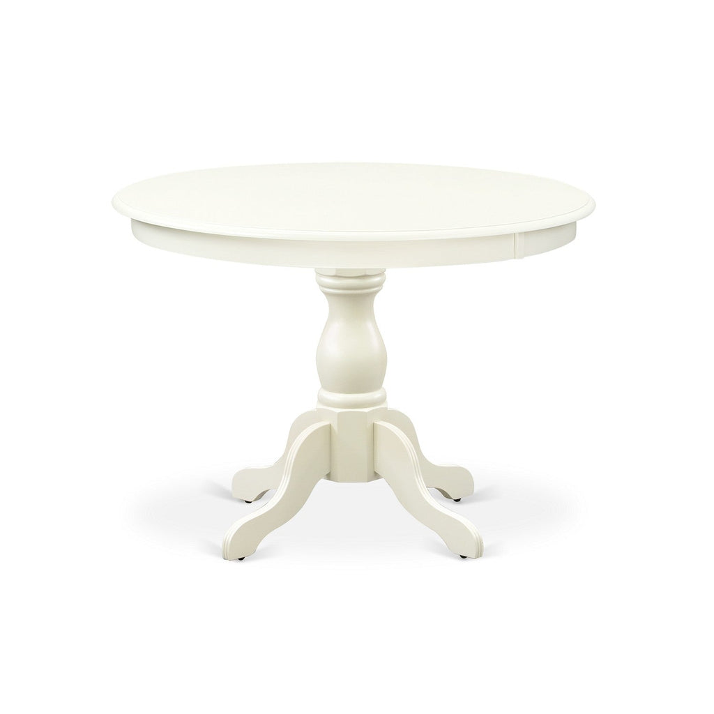 Juego de comedor de 3 piezas HBLA3-LWH-06 de East West Furniture. Contiene una mesa de comedor redonda con pedestal y dos sillas Parson tapizadas en tela de lino Shitake.