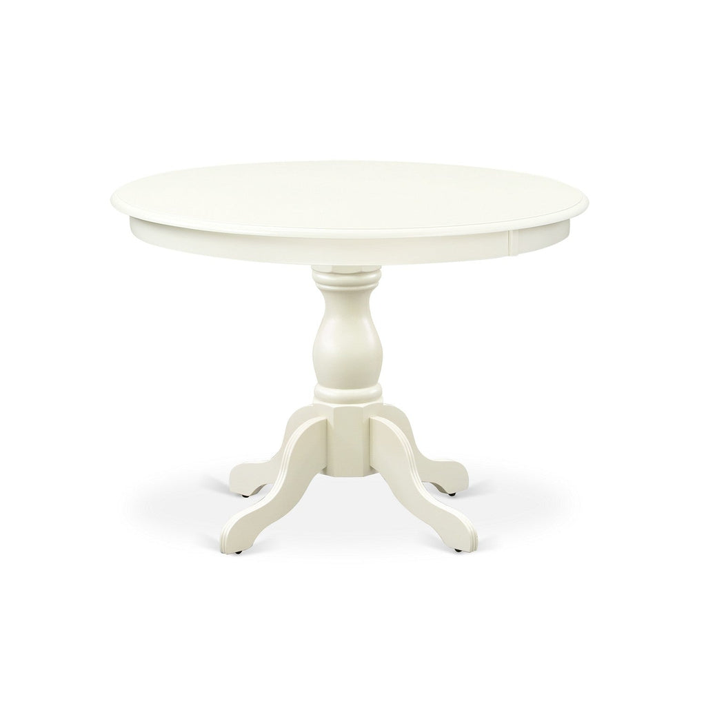 East West Furniture HBAB3-LWH-64 3 Piece Dining Room Table Set  Contains a Round Kitchen Table with Pedestal and 2 White Faux Leather Parson Dining Chairs, 42x42 Inch, Linen White
