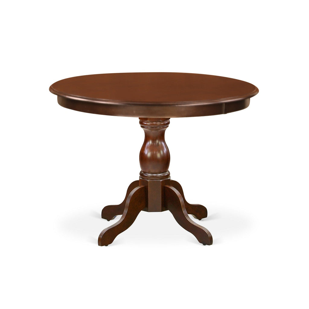 East West Furniture HBSI5-MAH-35 5 Piece Dining Room Table Set Includes a Round Kitchen Table with Pedestal and 4 Doeskin Linen Fabric Parsons Dining Chairs, 42x42 Inch, Mahogany